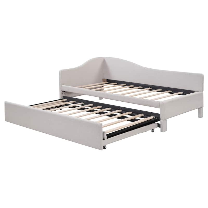 L-Shaped Daybed Twin To King Upholstered Daybed with Pop Up Trundle Linen & Wood Bed Frame for for Youth Teens or Adults