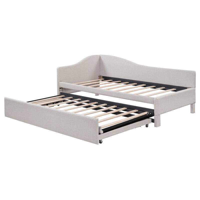 Twin Size Upholstered L-Shaped Upholstered Daybed with Pop Up Trundle for Home Office