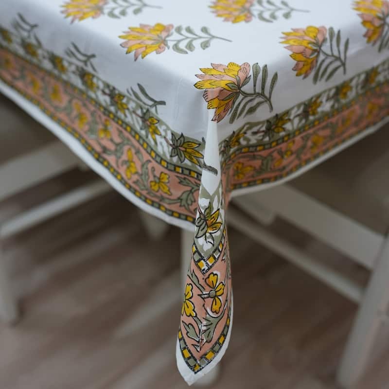 Fabdivine Handmade Block Print Cotton Brown Table Cover or Cloth Dining, Farmhouse & Kitchen Décor