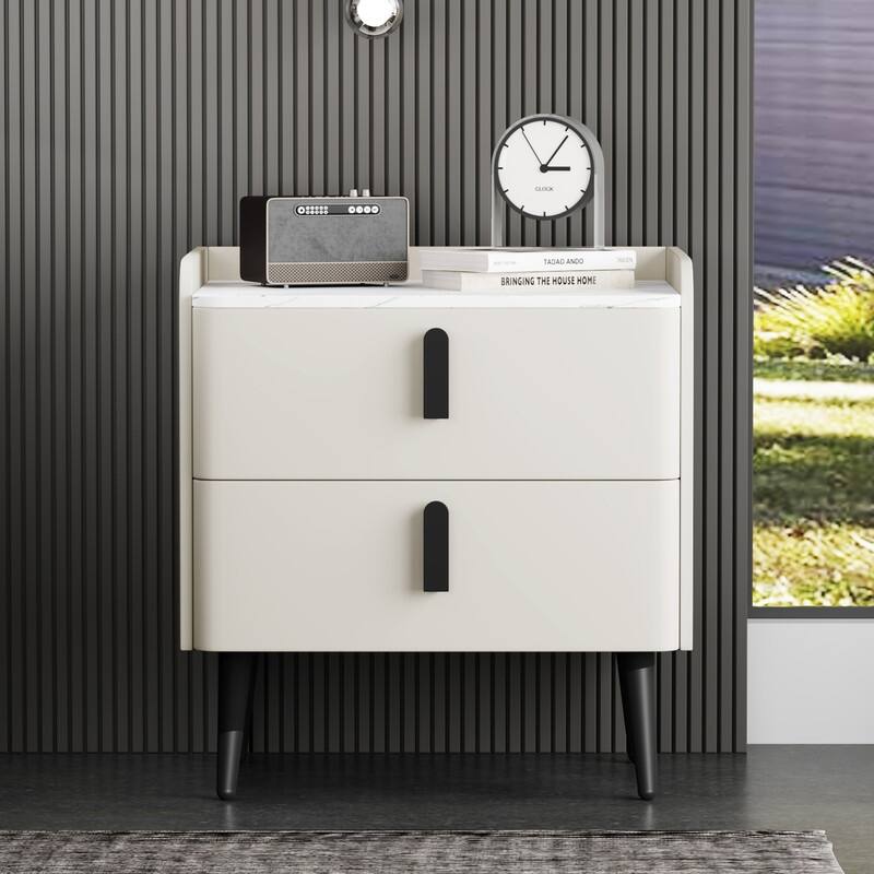Nightstand with 2 Drawers and Marble-Pattern Tabletop, Modern Beside Table