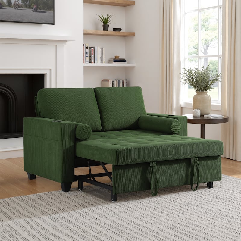 Corduroy Pull-Out Chair Bed Adjustable Recline Convertible Sleeper Sofa - Green