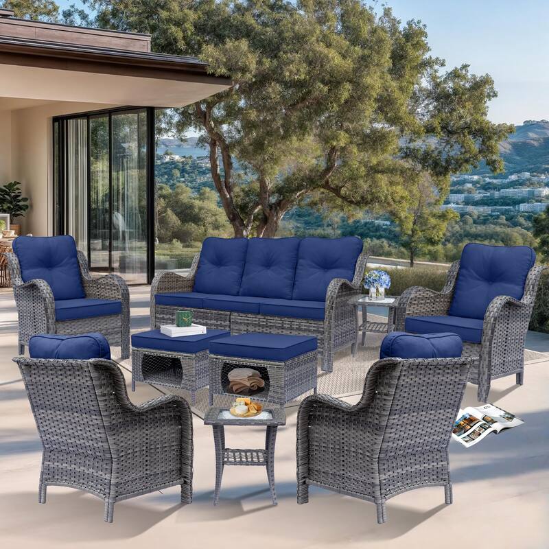 9 Piece Outdoor Patio Conversation Wicker Furniture Sofa Seating Sets - Navy Blue-Gray Rattan