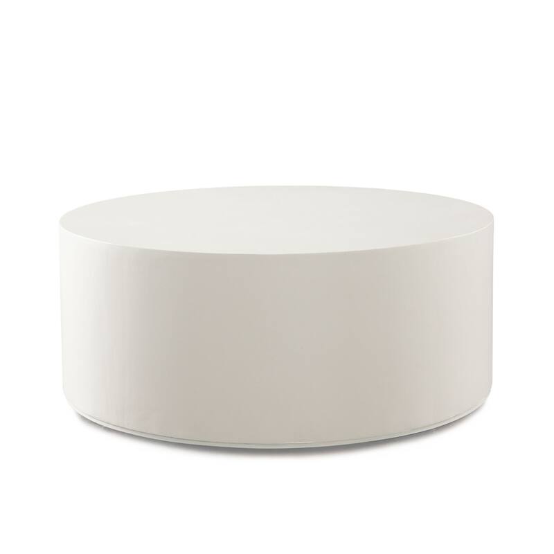 Viko Round Coffee Table, White Wood Faux Concrete Finish, 39 Inch