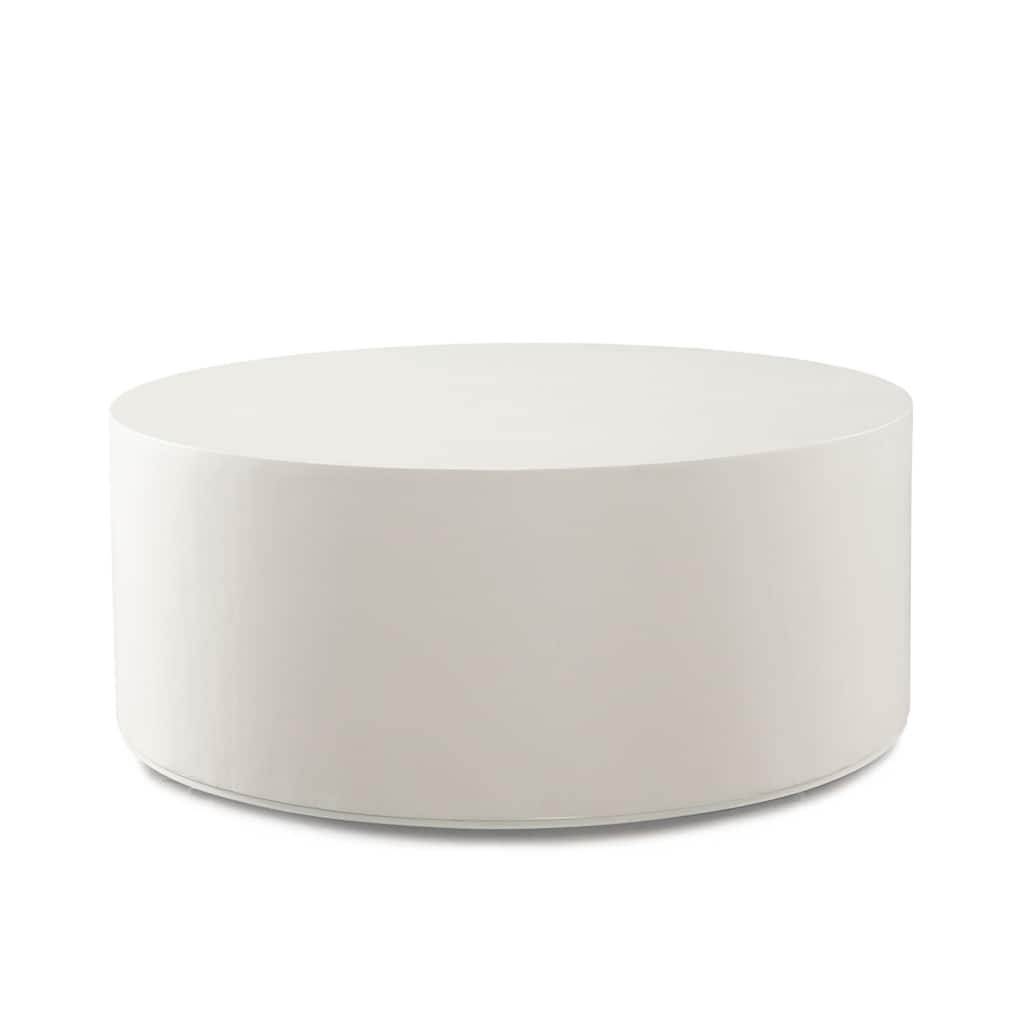 Viko Round Coffee Table, White Wood Faux Concrete Finish, 39 Inch