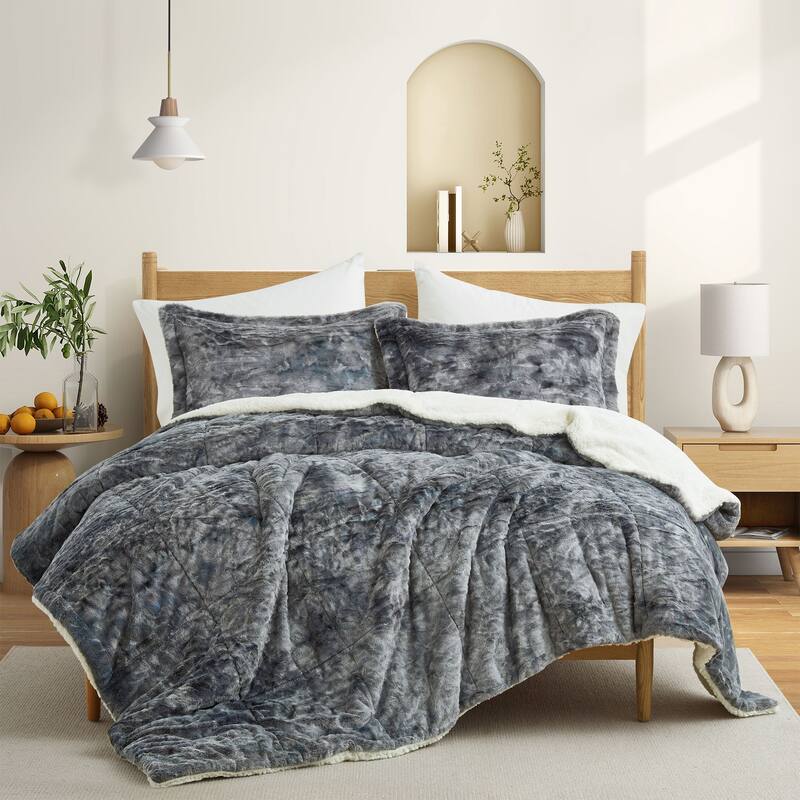 Dual-Side Fluffy Soft Comforter Set, Winter Plush Fuzzy Bedding Set