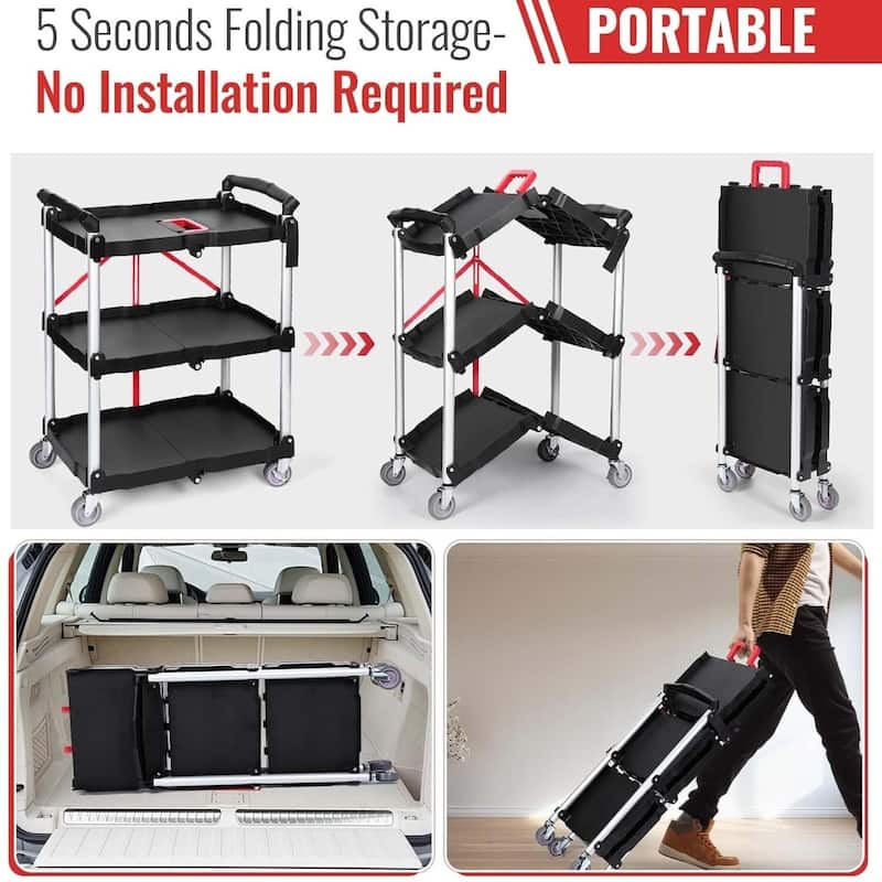 Foldable Service Kitchen Utility Cart with Wheels for Office Garage Home Kitchen Storage - N/A