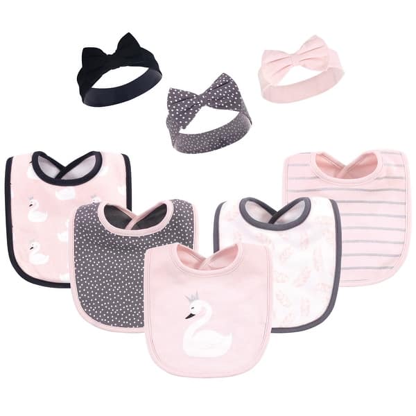 slide 1 of 1, Hudson Baby Infant Girl Cotton Bib and Headband or Caps Set 8pk, Swan, One Size - Swan - One Size One Size - Swan