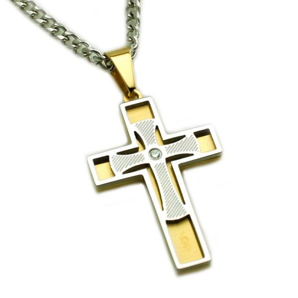 Stainless Steel Two Tone Cross Pendant w/ 0.02ctw CZ Center Stone - 24 inches