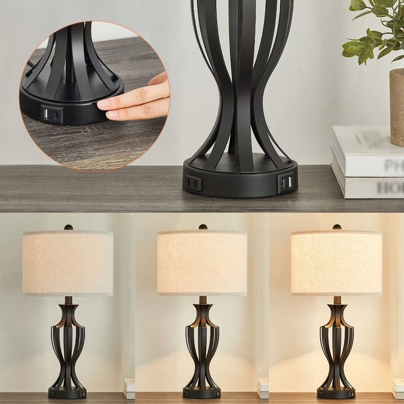 KAWOTI 23" Touch Control Table Lamp Set with Bulbs, USB Port(set of 2) - W12" * H23.25"