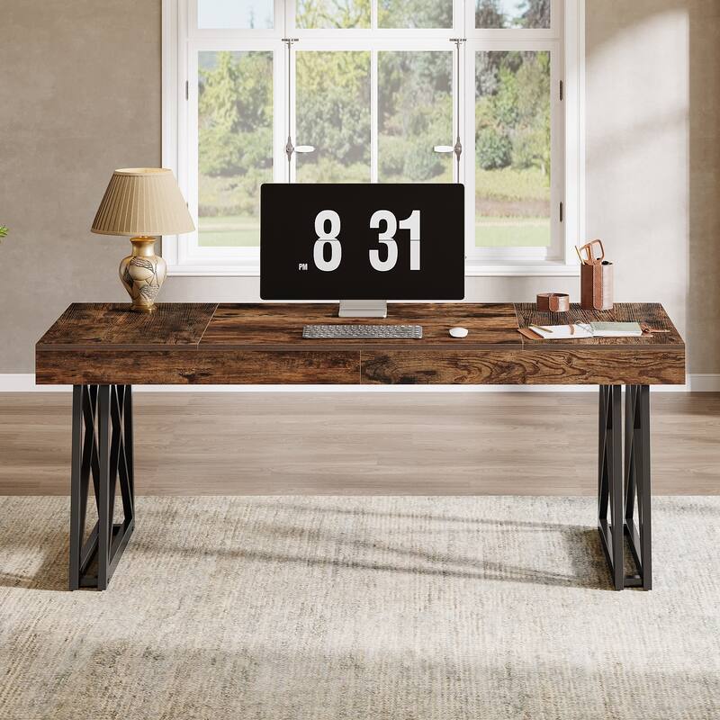 63 Inch Executive Desk, Farmhouse Office Computer Desk with Sturdy X-Shaped Legs