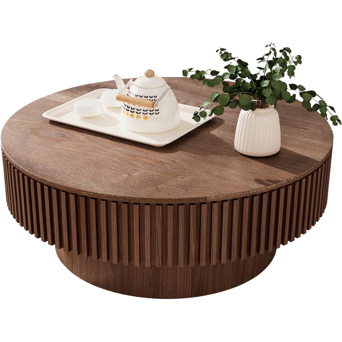 Round Coffee Table with Hidden Storage, Solid Wood Veneer, Modern Design for Small Spaces (31.5''D×14''H)