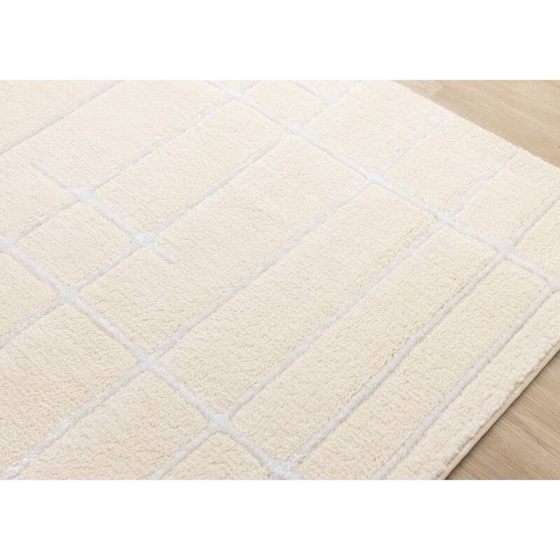 Sutton Collection - Plush Polyester Cream White Lines Area Rug