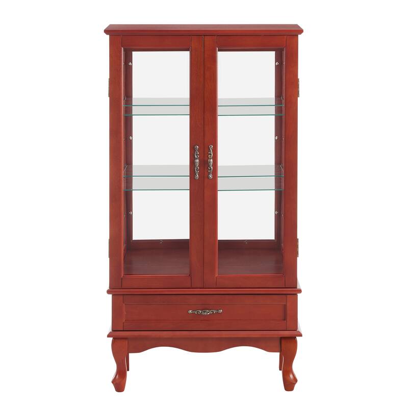Lighted Glass Display Cabinet Glass Wine Cabinet with Adjustable Glass Shelves Two Doors and One Drawer Bulb