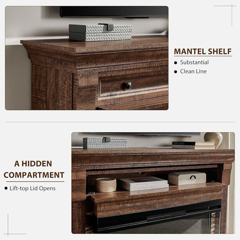 52" Farmhouse 3-Sided Fireplace TV Stand, Wood Entertainment Center