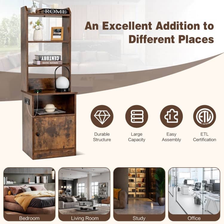 6-Tier Bookshelf with Charging Station and Cabinet