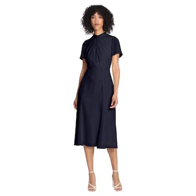 Maggy London Twist Mock Neck Short Sleeve Stretch Midi Dress