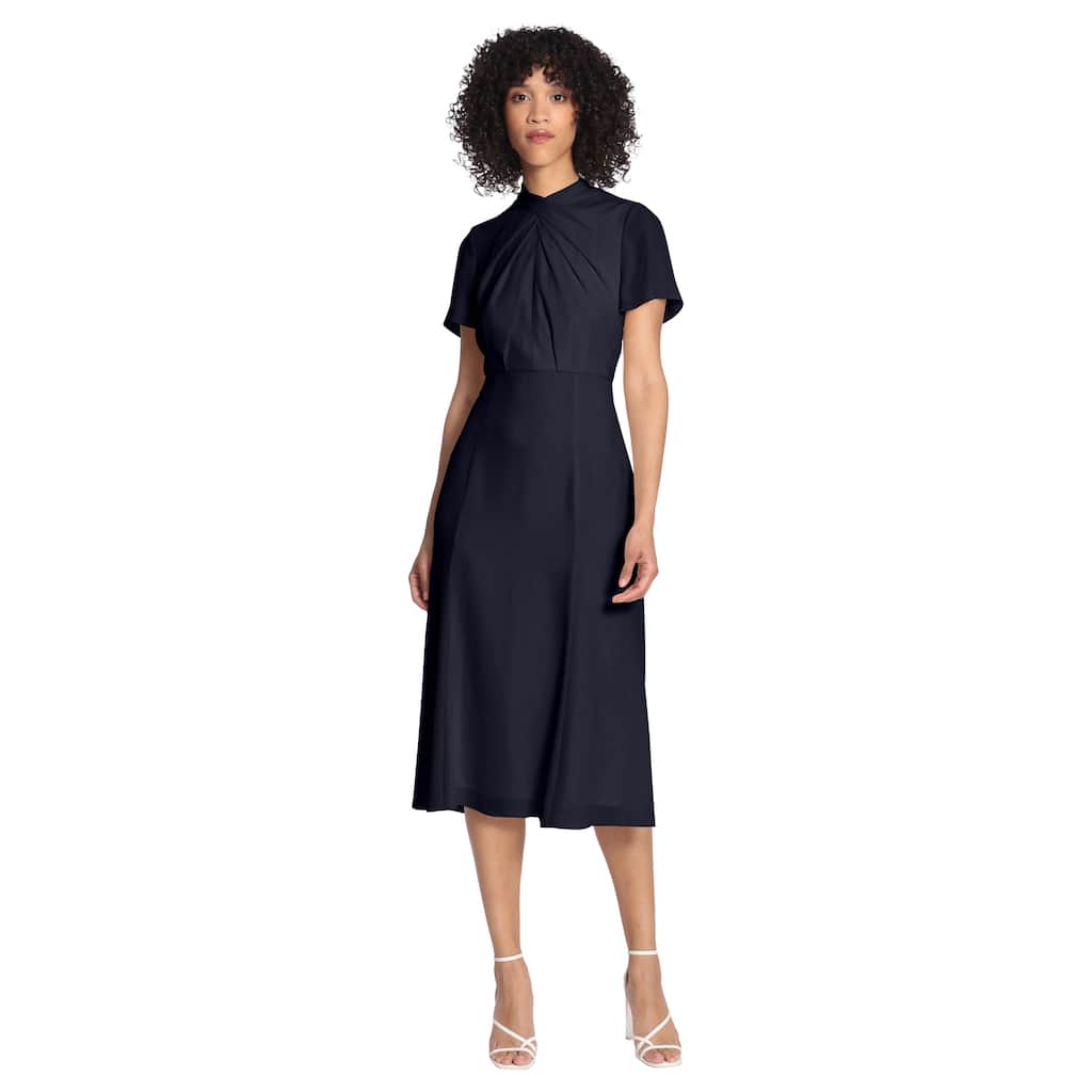 Maggy London Twist Mock Neck Short Sleeve Stretch Midi Dress