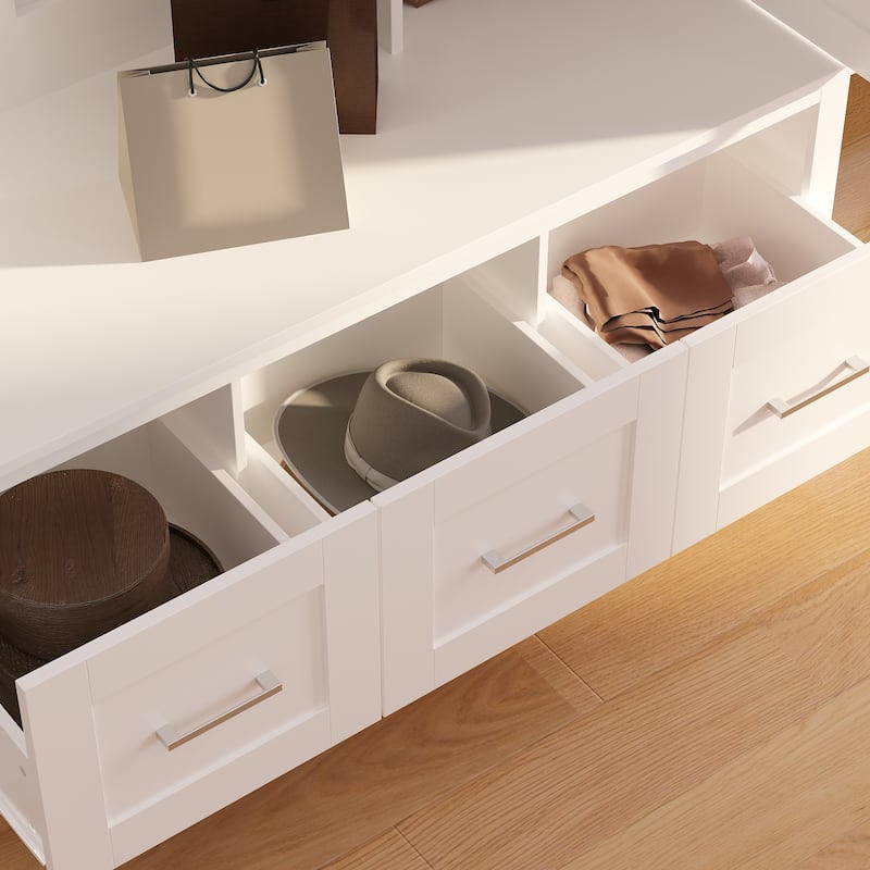 Modern White Hall Tree Entryway Storage Cabinet with Mirror and Drawers Entryway Bench - 47.2"X73.6"