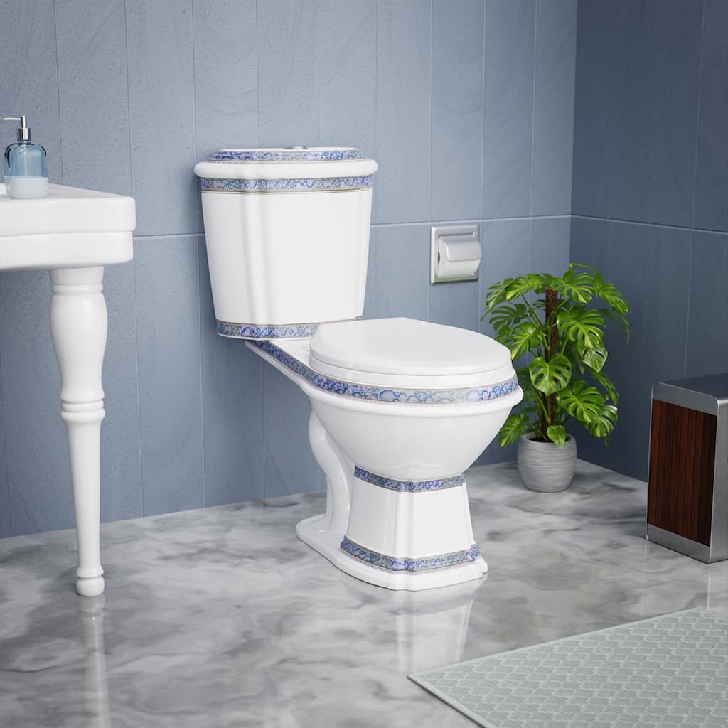India Reserve Blue Gold Porcelain Elongated Two Piece Toilet Dual Flush Push Button Slow Close Toilet Seat