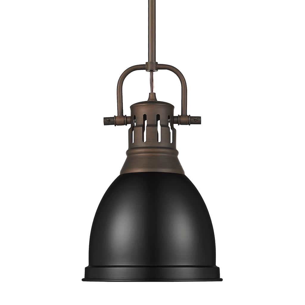 Yep by Golden Lighting Duncan 1-light 9in Rod Hung Pendant in Rubbed Bronze and Matte Black shade