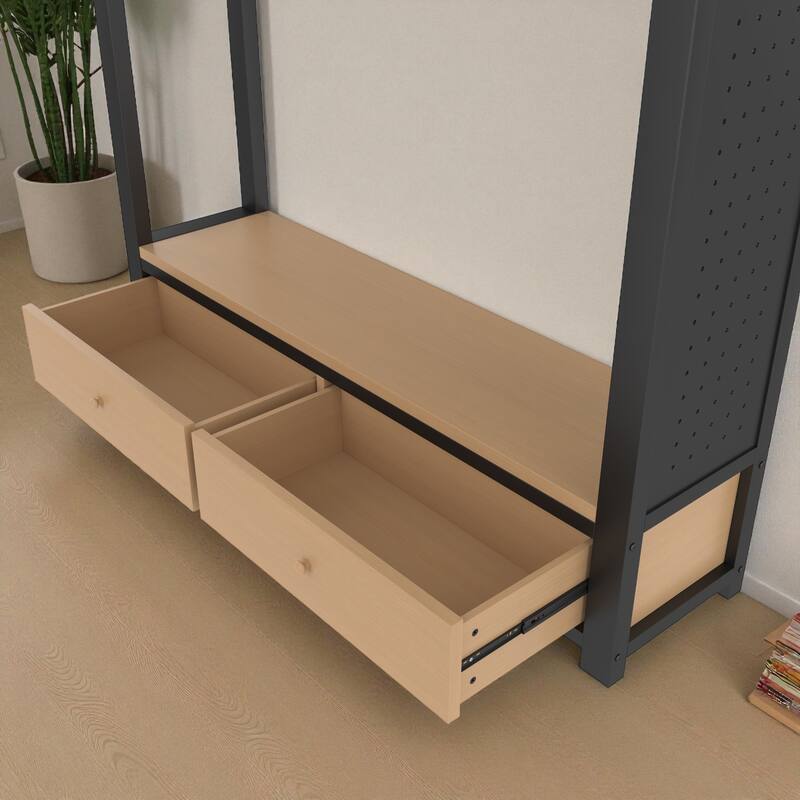 Full/Queen Size Metal Loft Bed with Wardrobe, Shelves & Pegboard, Space-Saving Bed Frame with Storage & Guardrails