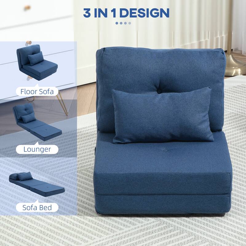 Convertible Flip Chair, Floor Lazy Sofa, Folding Upholstered Couch Bed with Adjustable Backrest, Metal Frame and Pillows