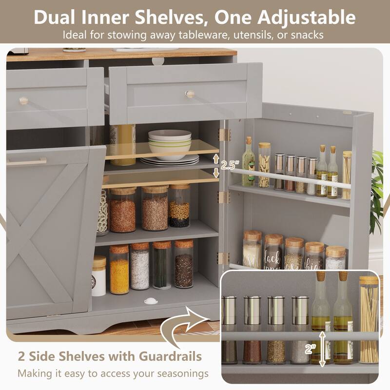 Gymax Tilt Out Trash Can Cabinet w/ Outlets 2 Drawers Adjustable Shelf