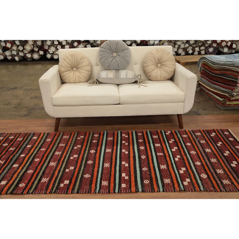 Hand Woven Oriental 100% Wool Carpet Southwestern Tribal Red Kilim Runner Rug - 8' 4'' X 3' 3''