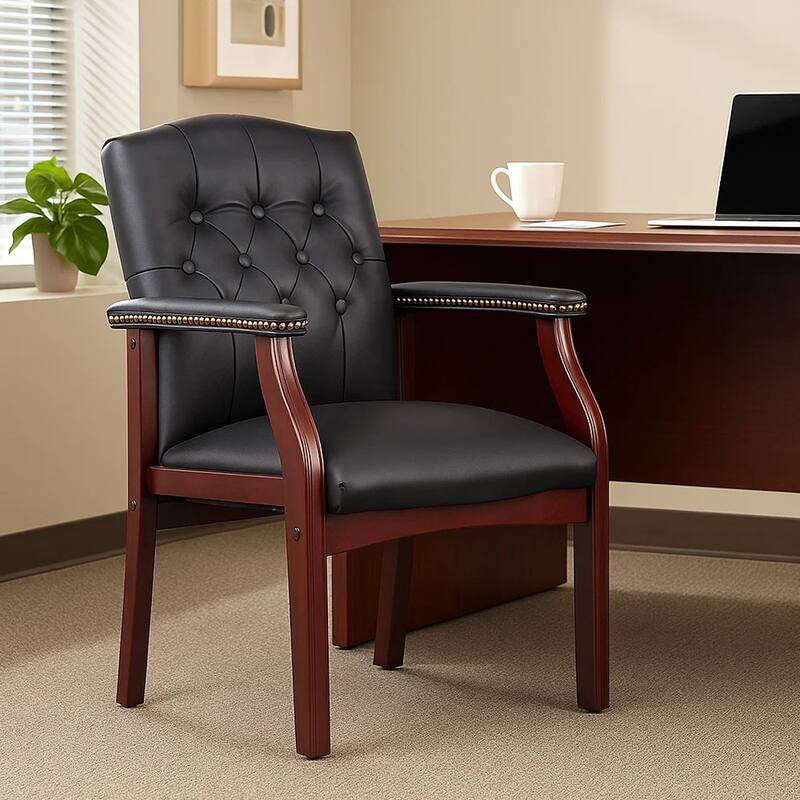 Koe Classic Reception Guest Armchair, Black Vinyl Tufted Back, Wood Legs