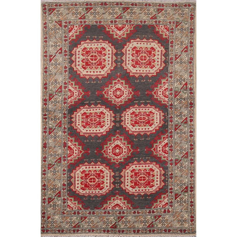 Charcoal Gray Kazak Oriental Accent Rug Handmade Wool Carpet - 3'2" x 4'11"