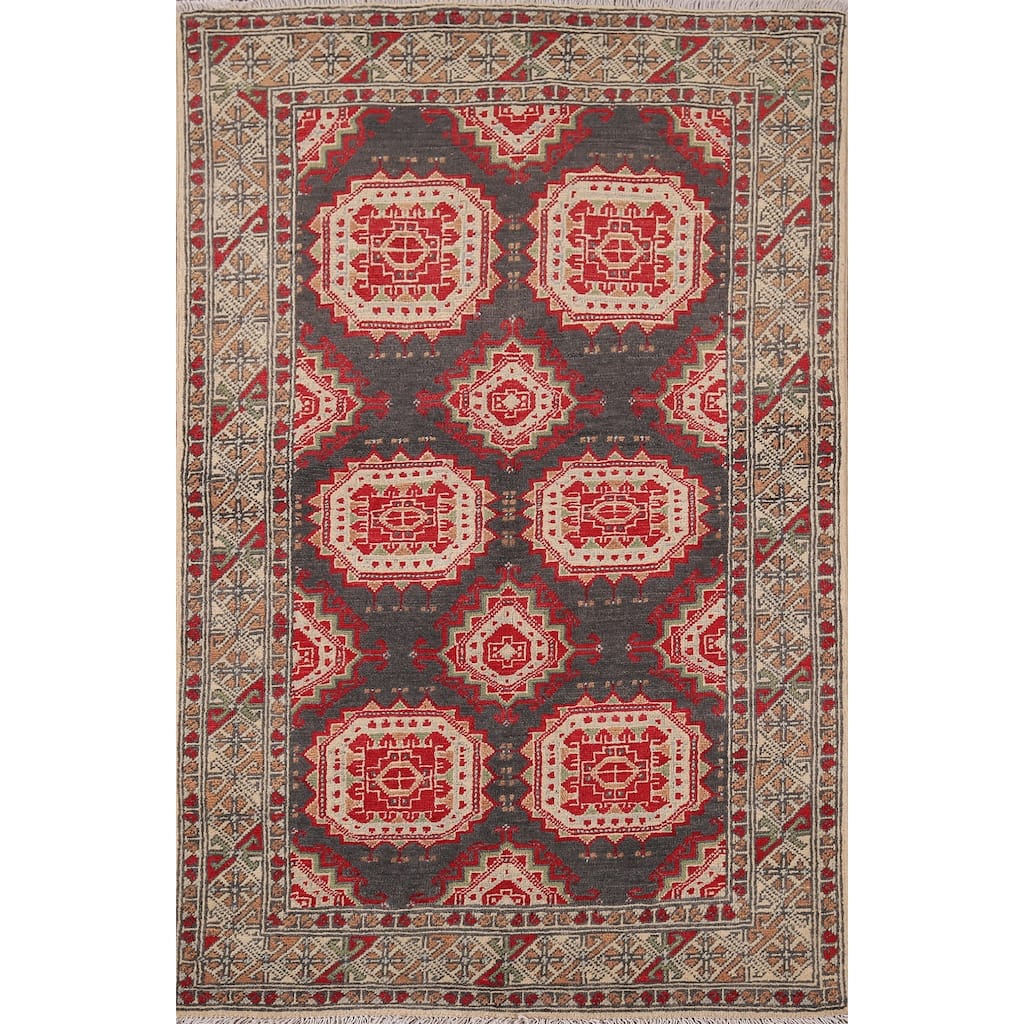 Charcoal Gray Kazak Oriental Accent Rug Handmade Wool Carpet - 3'2" x 4'11"