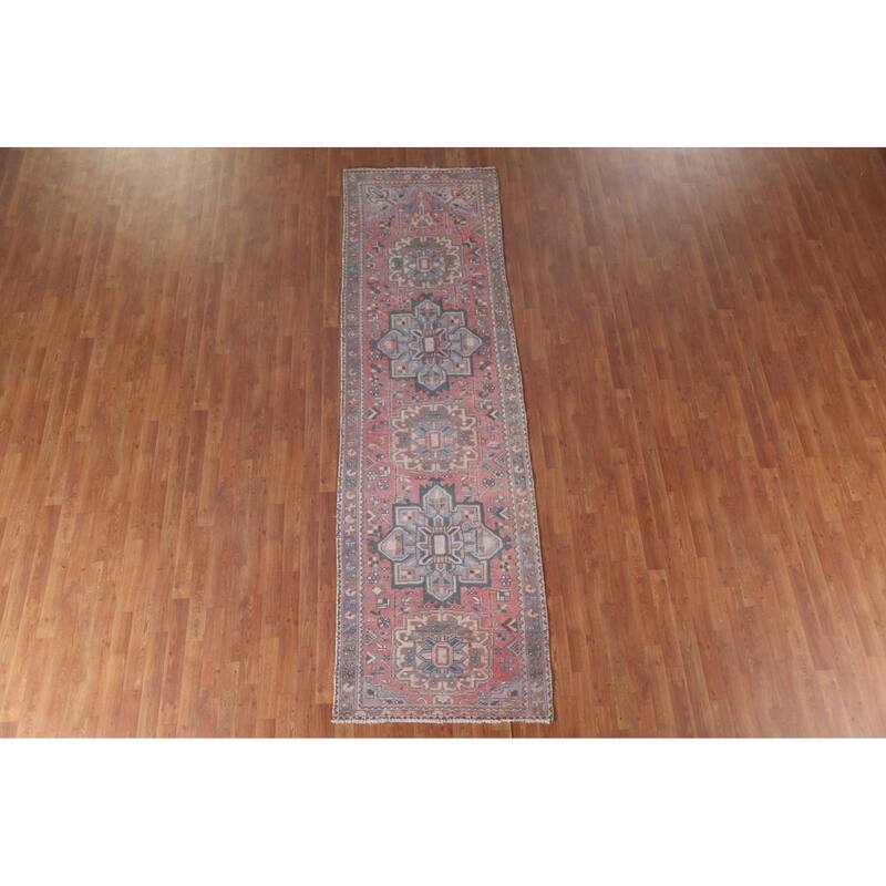 Hand Knotted Oriental 100% Wool Carpet Traditional Geometric Pink Hamedan Runner Rug - 10' 10'' X 3' 2''