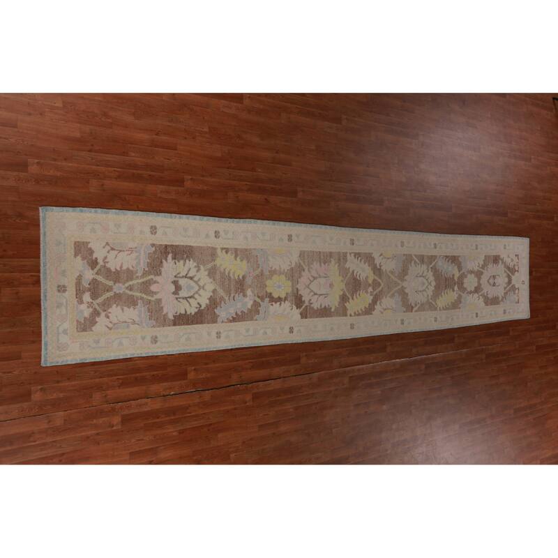 Hand Knotted Oriental 100% Wool Carpet Transitional Floral Brown Oushak Runner Rug - 17' 6'' X 3' 2''