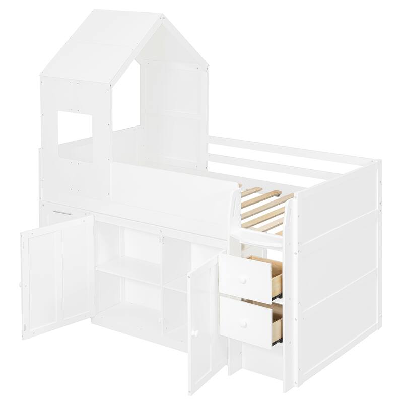 Roomfitters Twin Size House Loft Bed with Rolling Desk, Storage Cabinets and Staircase, All-in-One Space Saving Sleeper