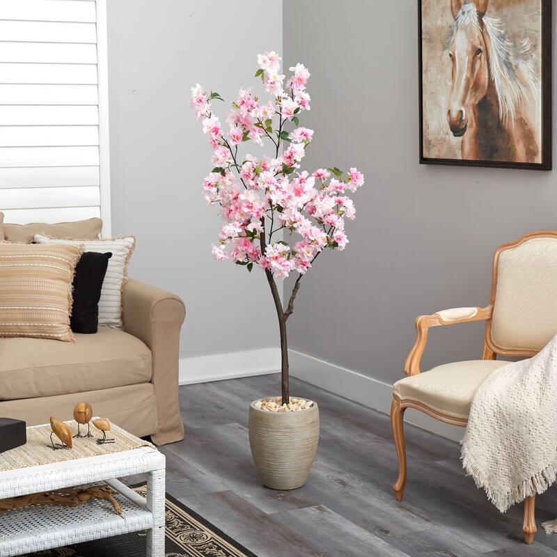 5.5ft Cherry Blossom Artificial Tree in Sand Planter with Lifelike Pink Flowers and Green Leaves for Bedroom Decor