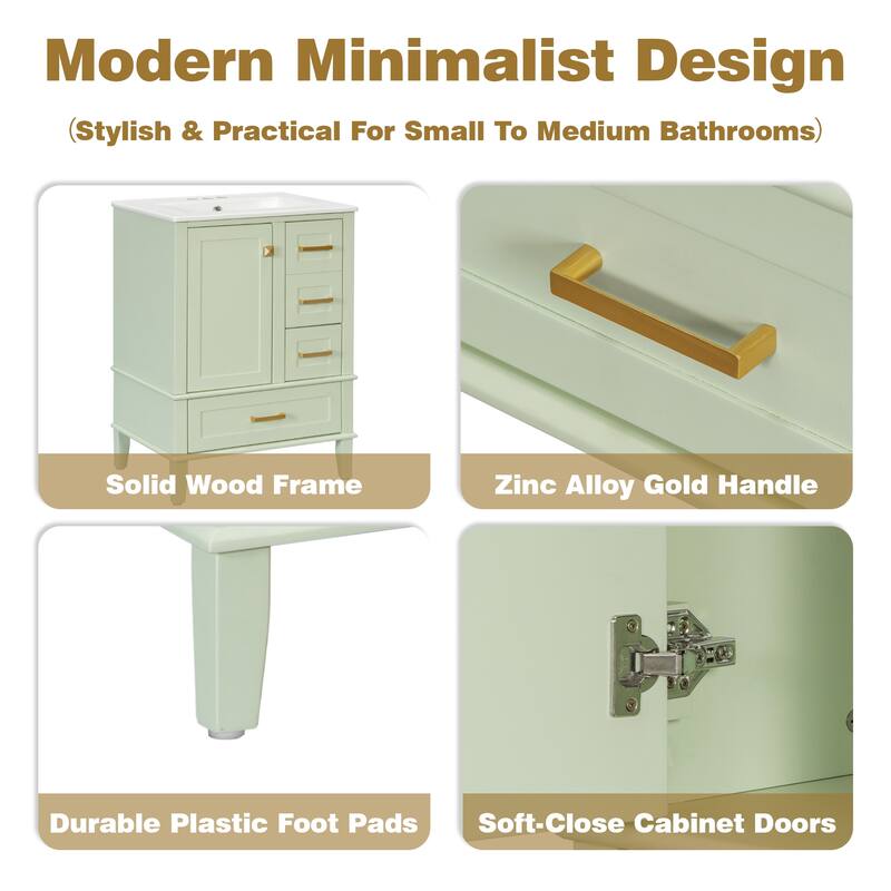 24.8" Bathroom Vanity with Ceramic Sink, Freestanding Cabinet with Soft-Close Door and 3 Drawers, Modern Style