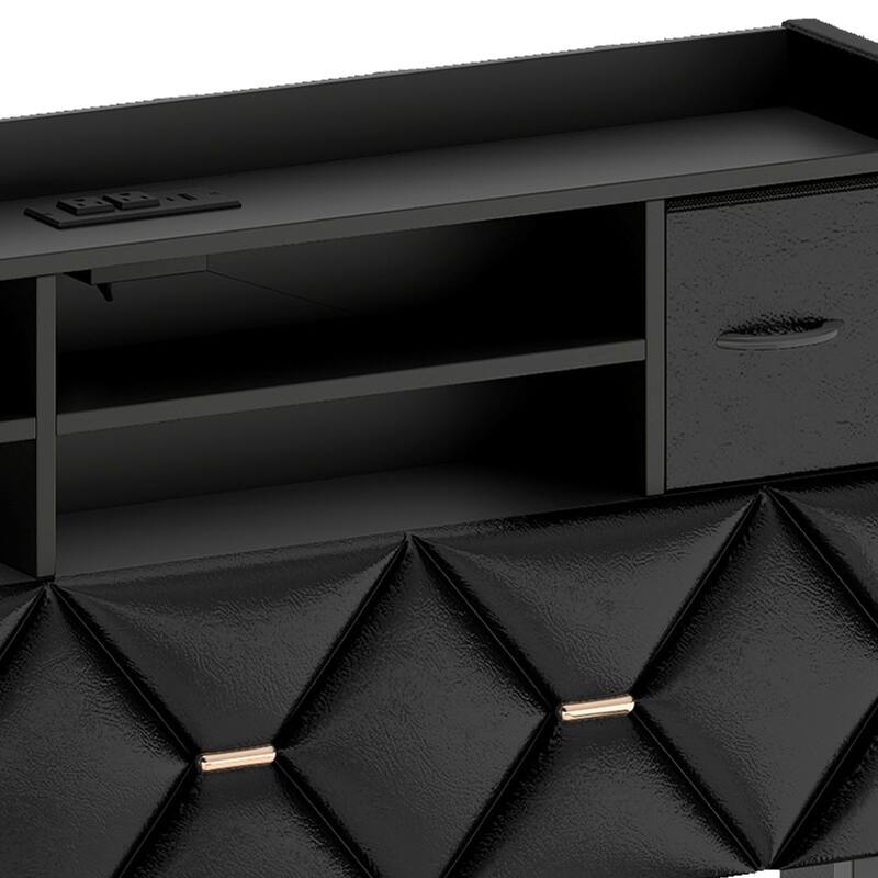 Black Farmhouse Bed Frame Upholstered Headboard Platform Bed with Charging Station