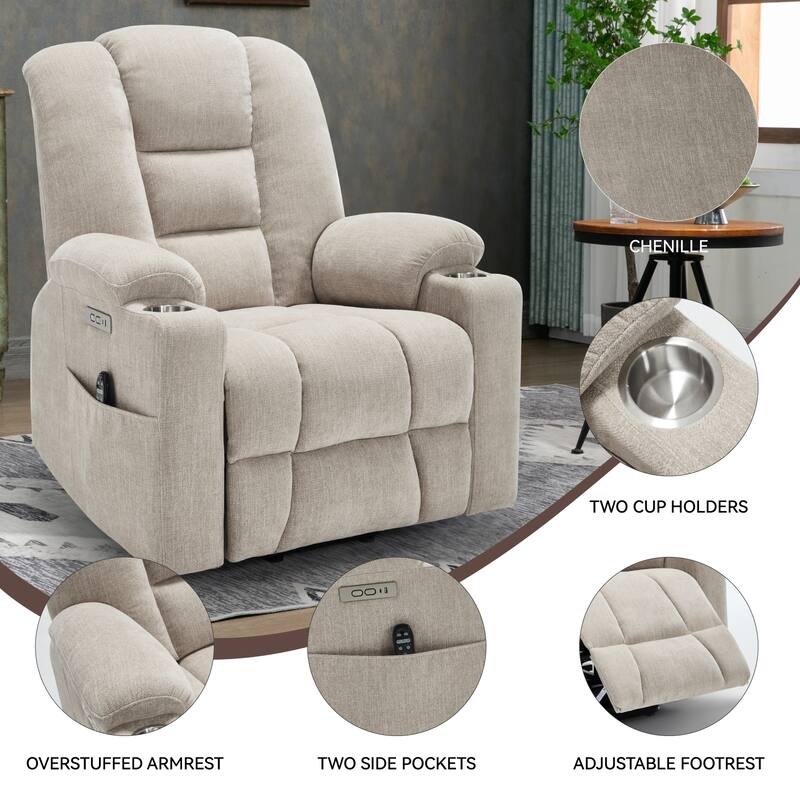 Roomfitters Oversized Power Lift Recliner, Massage Chair with USB A & C Ports and Dual Steel Cup Holders, Beige