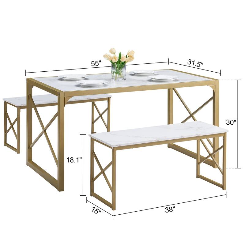 55" Dining Table with Benches Kitchen Table set for 4 Rectangular Dining Room Table Set with 2 Metal Wood Benches
