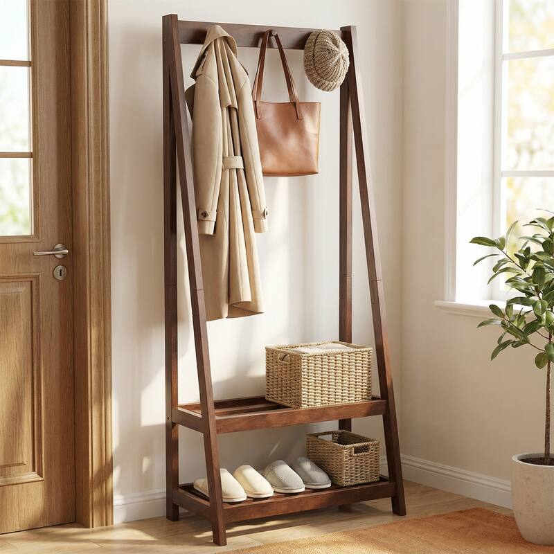 Gymax Rubber Wood Garment Rack w/3 Hooks & 2 Shelves for Entryway