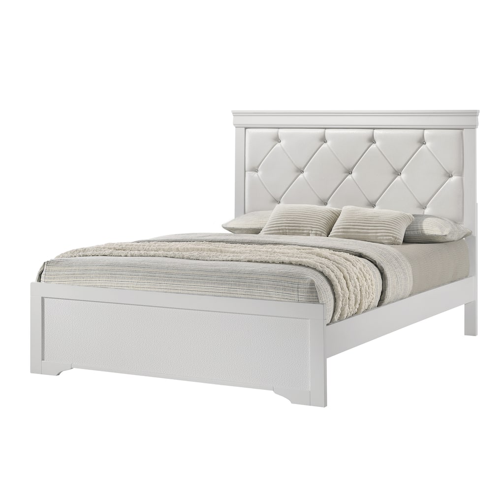 Modern White Full Size Panel Bed with Upholstered Headboard and Tufted Texture