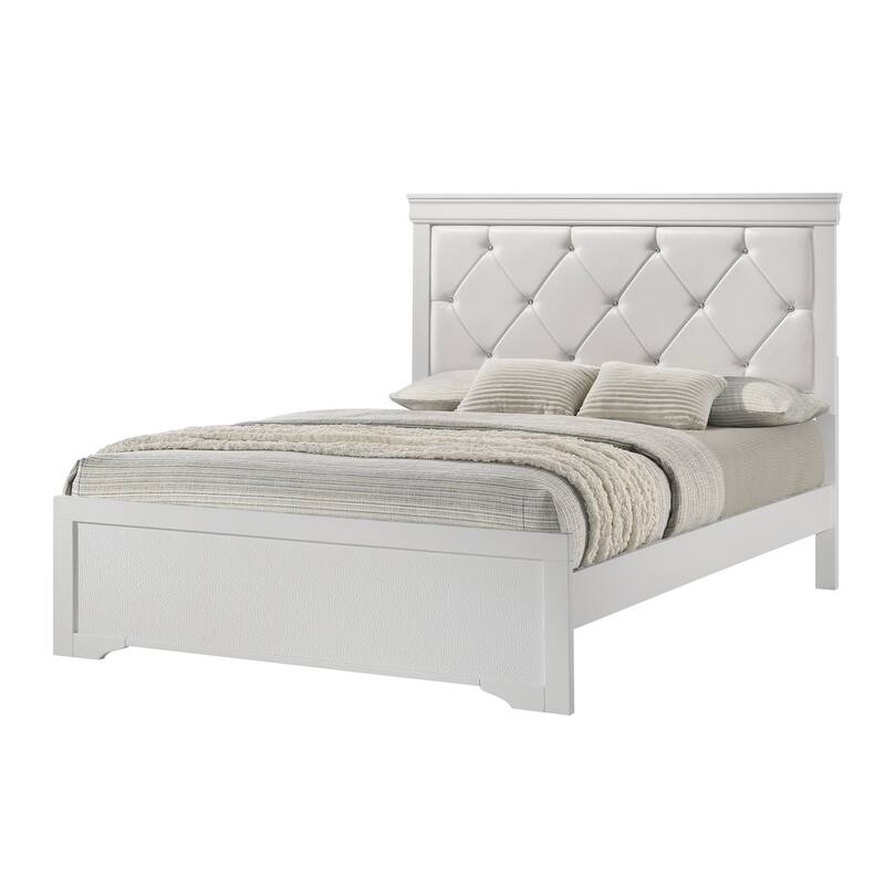 Queen Size White Upholstered Panel Bed with Tufted Headboard - Modern Bedroom Furniture - White