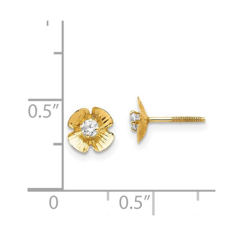 Curata 14k Yellow Gold Polished Screw back Flower 2.5mm CZ Cubic Zirconia Post Earrings - 7x7mm Wide