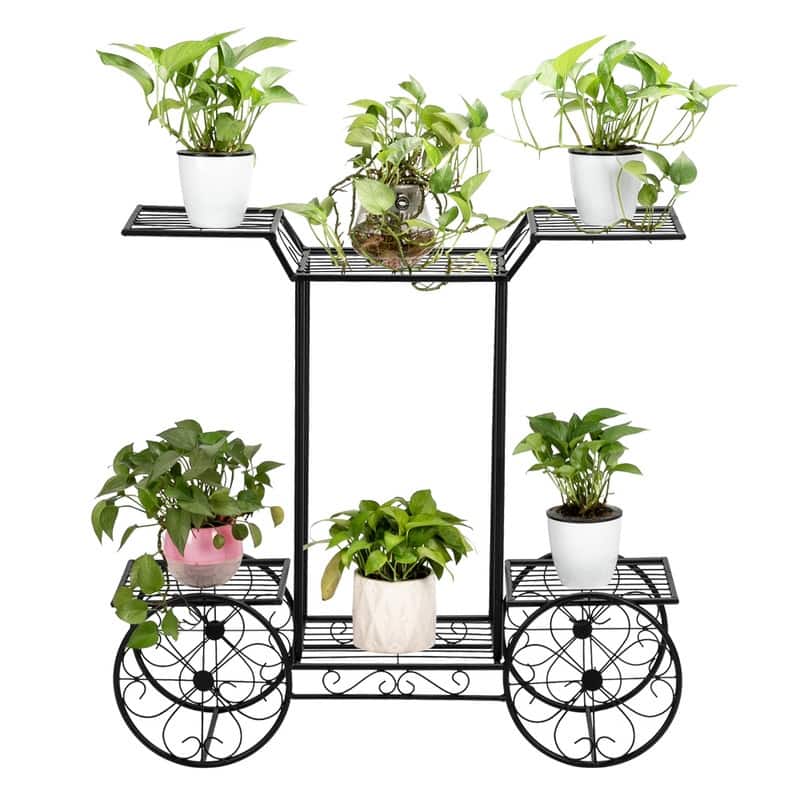 Zimtown Paint Iron Car Shape 6 Plant Stand Black