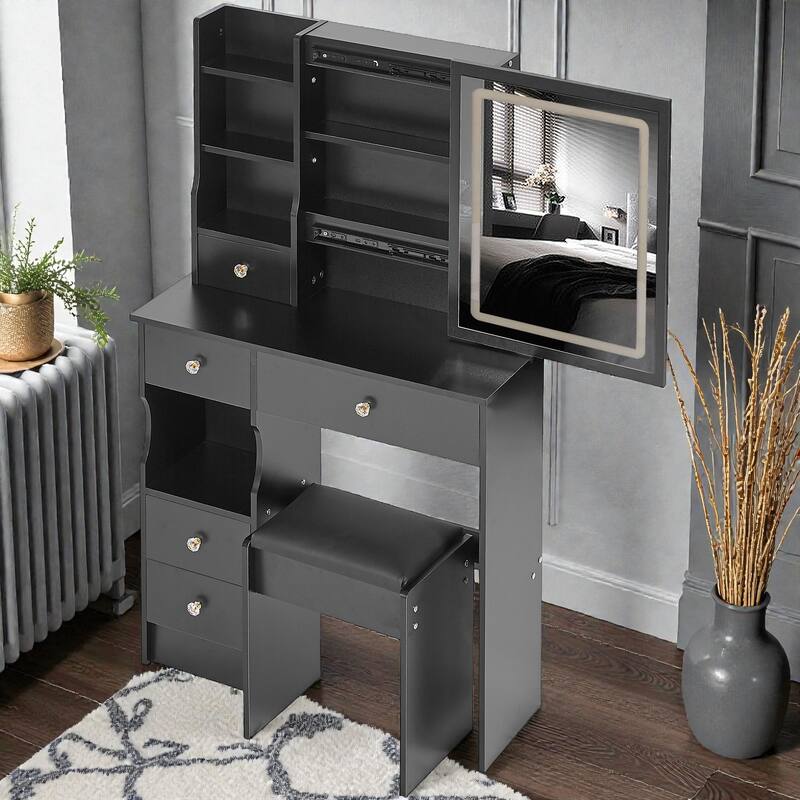 29.2'' Small Vanity Table with LED Tri-Color Mirror, Drawer & Cushioned Stool, Space-Saving Makeup Desk for Small Rooms