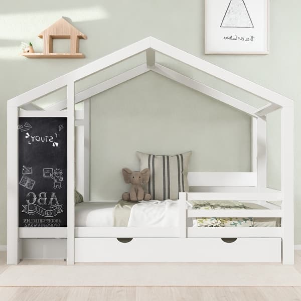 slide 2 of 7, Twin House Kids Bed Frame with Blackboard & Drawers, Two Assembly Methods, Safe Design, Maximizes Space & Creativity, White White