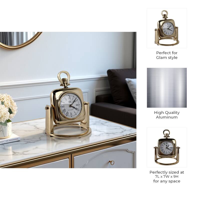 Metal Glass Desk Clock with Roman Numerals and Curved Frame Design - 7" x 7" x 9"