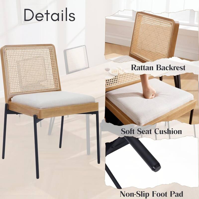 Accent Linen Dining Chairs with Rattan Backrest,Set of 2