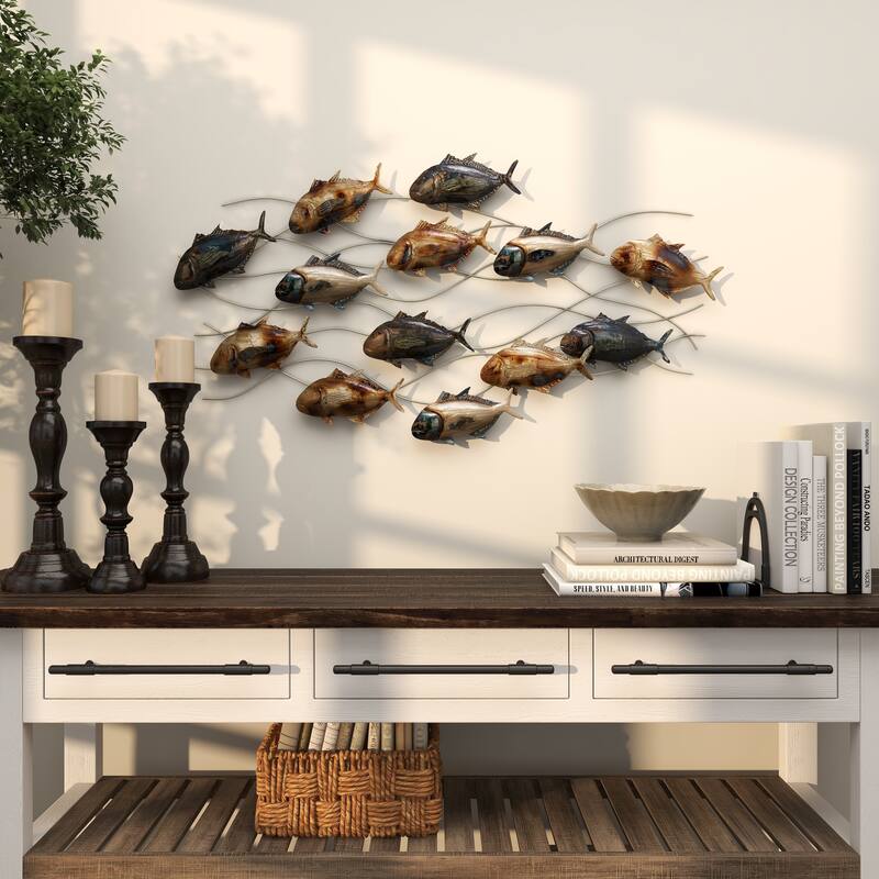 Blue Metal Indoor Outdoor Fish Home Wall Decor with Silver and Bronze Accents