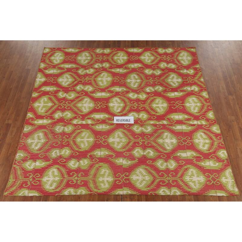 Kilim Oriental Area Rug Flatweave Geometric Pink Wool Carpet - 8'0"x 10'11"